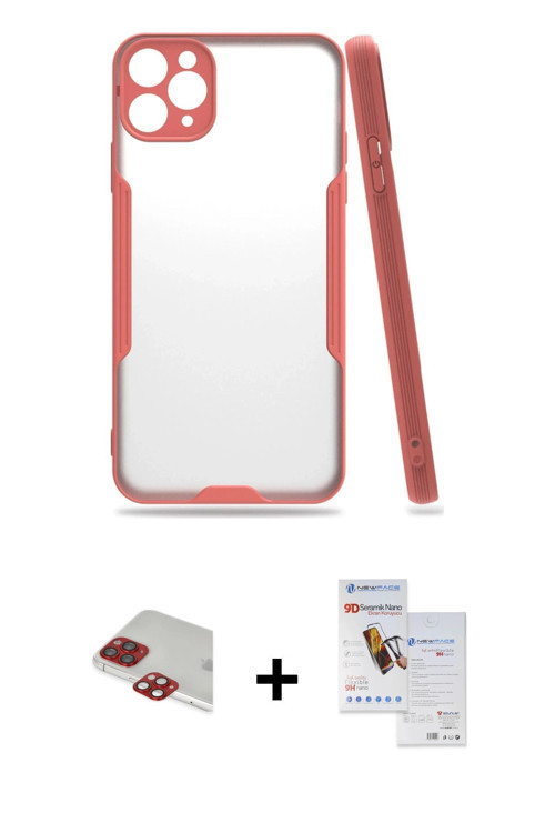 ieg™ iPhone 11 Pro Max Kılıf Atlas Asil Serisi - Siyah Seramik Nano Ekran Koruyucu + Kırmızı Pers Al