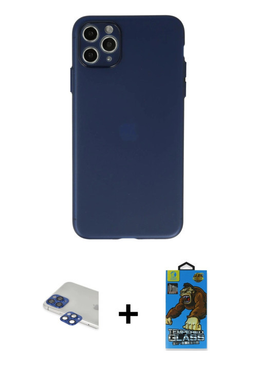 ieg™ iPhone 11 Pro Max Kılıf Atlas Minimal Prime - Siyah 18D Cam Ekran Koruyucu + Lacivert Pers Alüm