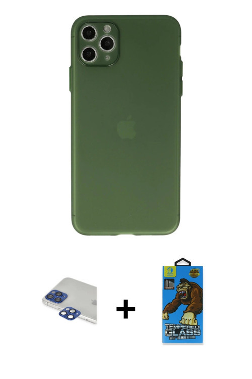 ieg™ iPhone 11 Pro Max Kılıf Atlas Minimal Prime - Siyah 18D Cam Ekran Koruyucu + Lacivert Pers Alüm
