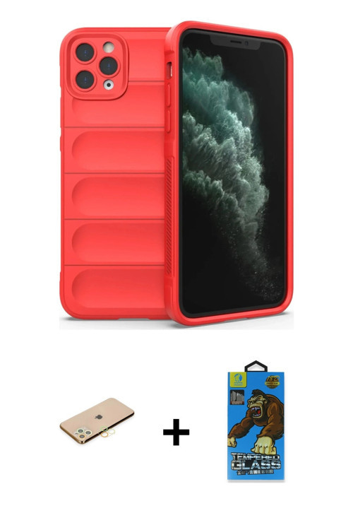 ieg™ iPhone 11 Pro Max Kılıf Atlas Koleksiyonu - Siyah 18D Cam Ekran Koruyucu + Sarı Renkli Kamera L