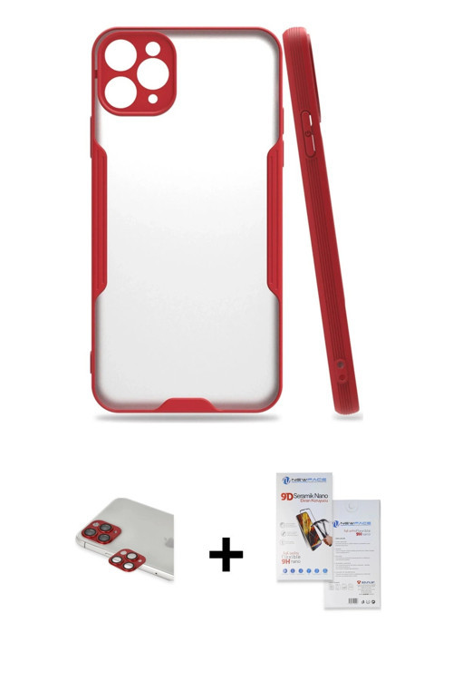 ieg™ iPhone 11 Pro Max Kılıf Atlas Asil Serisi - Siyah Seramik Nano Ekran Koruyucu + Kırmızı Pers Al