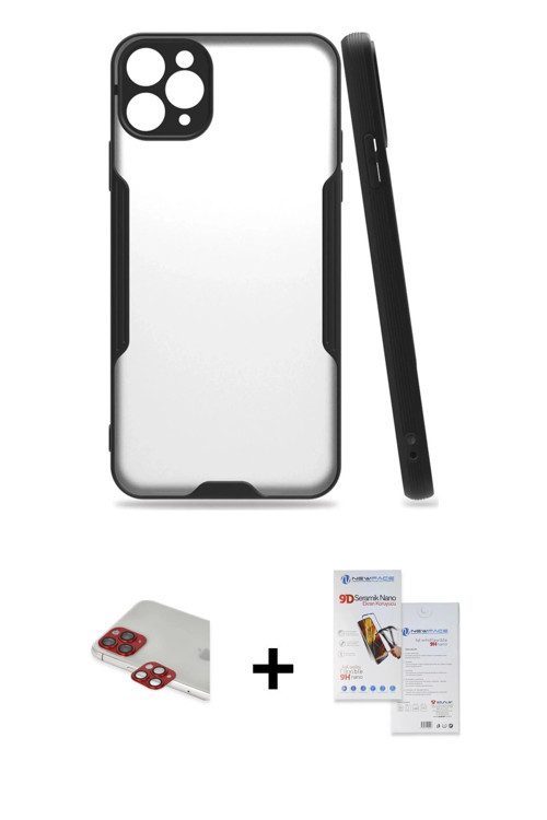 ieg™ iPhone 11 Pro Max Kılıf Atlas Asil Serisi - Siyah Seramik Nano Ekran Koruyucu + Kırmızı Pers Al