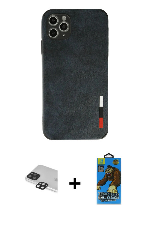 ieg™ iPhone 11 Pro Max Kılıf Doruk Asil Koleksiyonu - Siyah 18D Cam Ekran Koruyucu + Siyah Pers Alüm