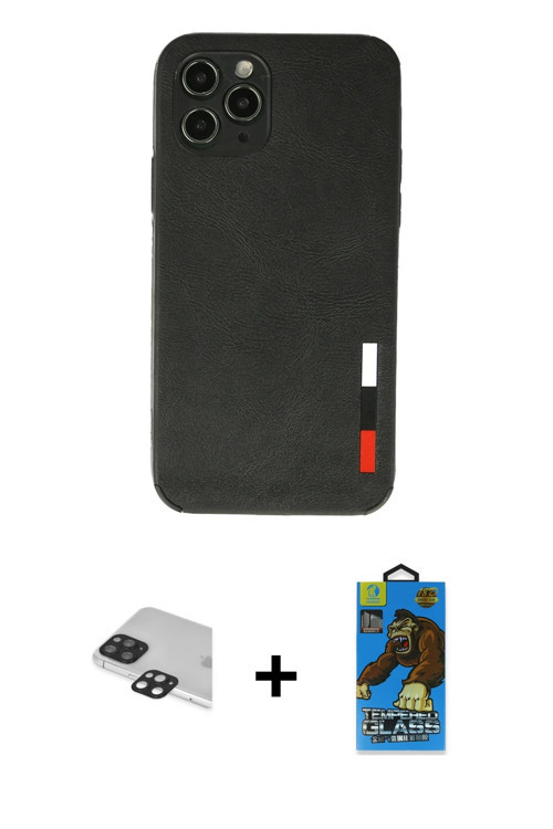 ieg™ iPhone 11 Pro Max Kılıf Doruk Asil Koleksiyonu - Siyah 18D Cam Ekran Koruyucu + Siyah Pers Alüm