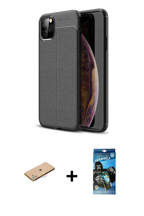 ieg™ iPhone 11 Pro Max Kılıf Doruk Klasik Özel Seri - Siyah 34D Izgaralı Cam + Pembe Renkli Kamera L