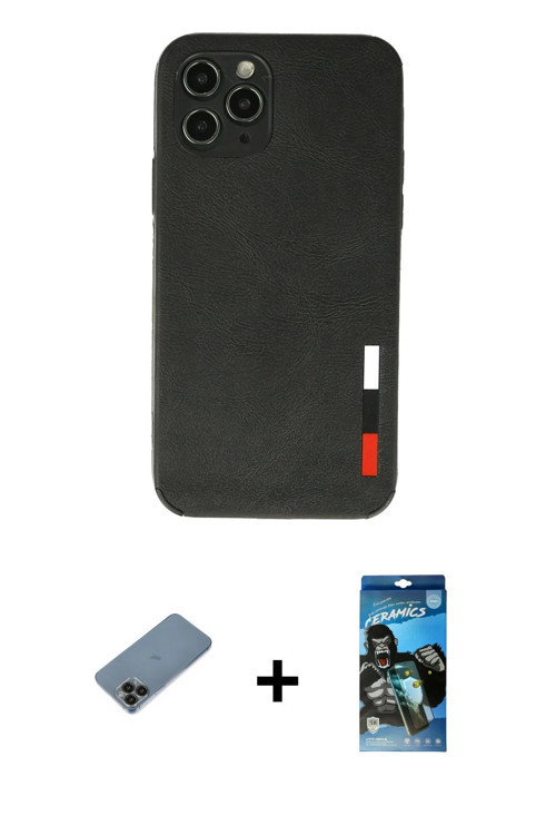 ieg™ iPhone 11 Pro Max Kılıf Doruk Asil Koleksiyonu - Siyah 34D Izgaralı Cam + Siyah Shine Kamera Le