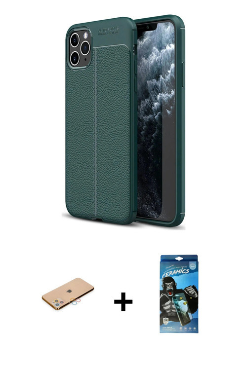 ieg™ iPhone 11 Pro Max Kılıf Doruk Klasik Özel Seri - Siyah 34D Izgaralı Cam + Pembe Renkli Kamera L