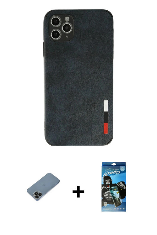 ieg™ iPhone 11 Pro Max Kılıf Doruk Asil Koleksiyonu - Siyah 34D Izgaralı Cam + Siyah Shine Kamera Le