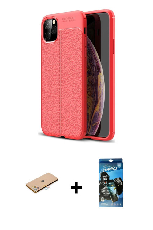 ieg™ iPhone 11 Pro Max Kılıf Doruk Klasik Özel Seri - Siyah 34D Izgaralı Cam + Pembe Renkli Kamera L