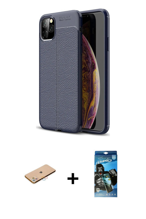 ieg™ iPhone 11 Pro Max Kılıf Doruk Klasik Özel Seri - Siyah 34D Izgaralı Cam + Pembe Renkli Kamera L