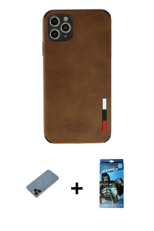 ieg™ iPhone 11 Pro Max Kılıf Doruk Asil Koleksiyonu - Siyah 34D Izgaralı Cam + Siyah Shine Kamera Le