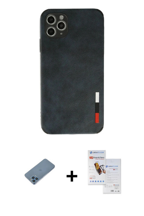 ieg™ iPhone 11 Pro Max Kılıf Doruk Asil Koleksiyonu - Siyah Seramik Nano Ekran Koruyucu + Mavi Shine