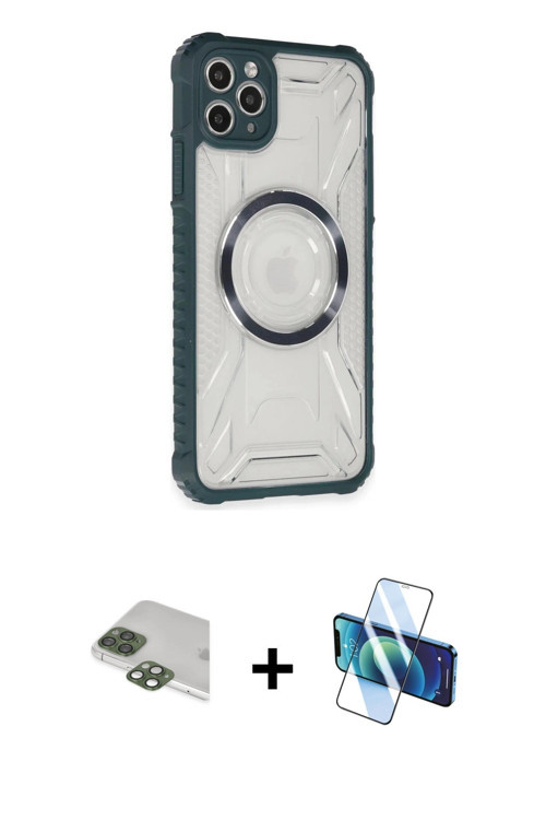 ieg™ iPhone 11 Pro Max Kılıf Kutup Modern - Siyah 3D Antistatik Cam Ekran Koruyucu + Yeşil Pers Alüm