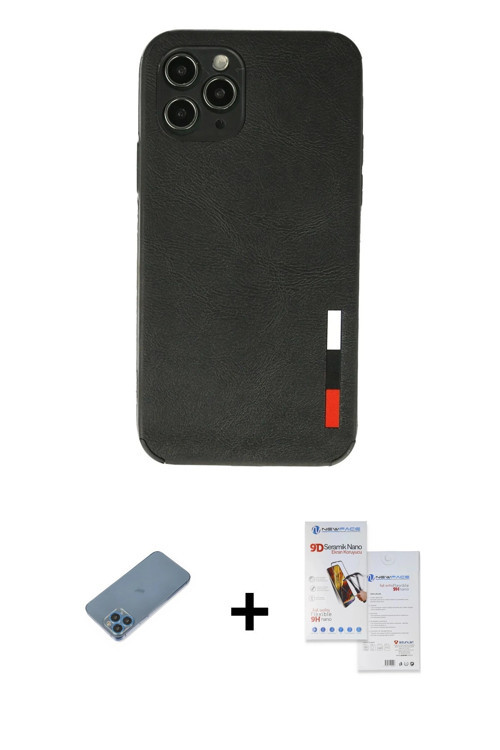 ieg™ iPhone 11 Pro Max Kılıf Doruk Asil Koleksiyonu - Siyah Seramik Nano Ekran Koruyucu + Mavi Shine
