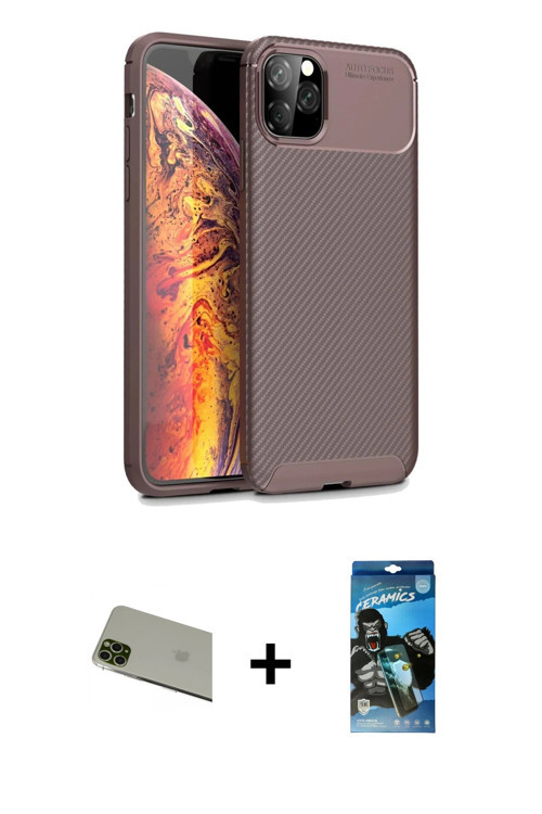ieg™ iPhone 11 Pro Max Kılıf Eksen Form Prime - Siyah 34D Izgaralı Cam + Yeşil Rainbow Kamera Lens K