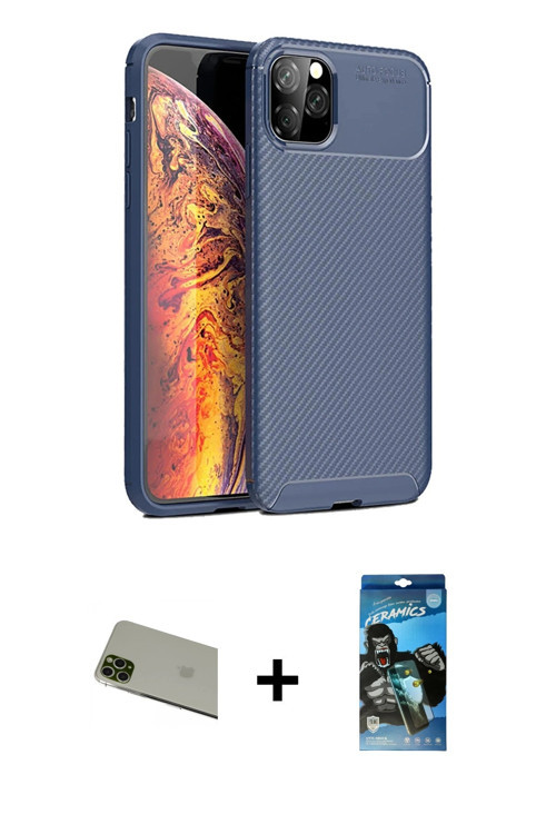 ieg™ iPhone 11 Pro Max Kılıf Eksen Form Prime - Siyah 34D Izgaralı Cam + Yeşil Rainbow Kamera Lens K