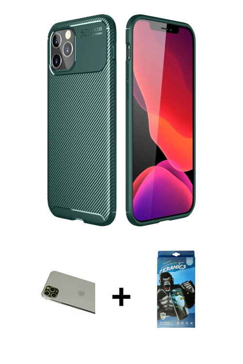 ieg™ iPhone 11 Pro Max Kılıf Eksen Form Prime - Siyah 34D Izgaralı Cam + Yeşil Rainbow Kamera Lens K