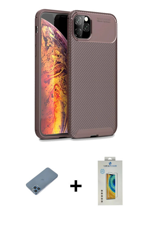 ieg™ iPhone 11 Pro Max Kılıf Eksen Form Prime - Siyah Polymer Nano Ekran Koruyucu + Mavi Shine Kamer