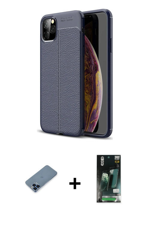 ieg™ iPhone 11 Pro Max Kılıf Doruk Klasik Özel Seri - Siyah 360 Mat Full Body Arka Koruyucu + Mavi M