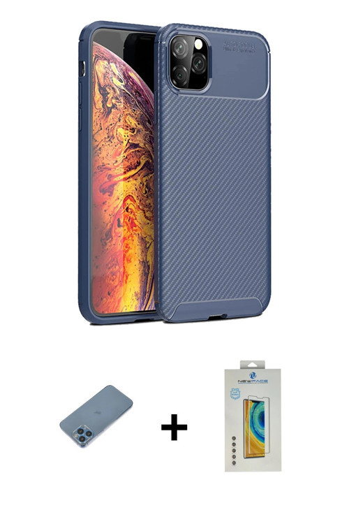 ieg™ iPhone 11 Pro Max Kılıf Eksen Form Prime - Siyah Polymer Nano Ekran Koruyucu + Mavi Shine Kamer
