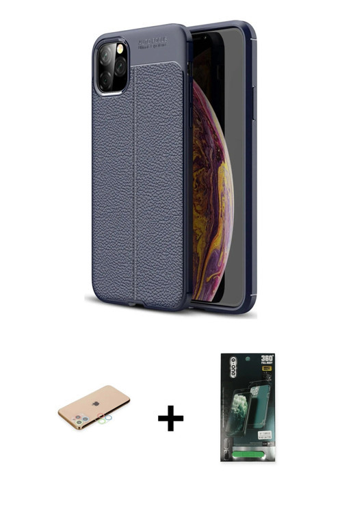 ieg™ iPhone 11 Pro Max Kılıf Doruk Klasik Özel Seri - Siyah 360 Mat Full Body Arka Koruyucu + Mavi R