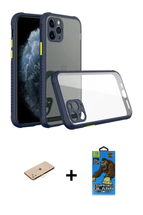 ieg™ iPhone 11 Pro Max Kılıf Nova Asil Özel Seri - Siyah 18D Cam Ekran Koruyucu + Sarı Renkli Kamera
