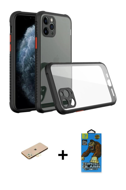 ieg™ iPhone 11 Pro Max Kılıf Nova Asil Özel Seri - Siyah 18D Cam Ekran Koruyucu + Sarı Renkli Kamera