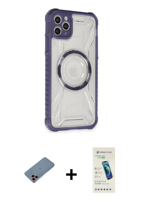 ieg™ iPhone 11 Pro Max Kılıf Kutup Modern - Şeffaf Pasifik Cam Ekran Koruyucu + Pembe Shine Kamera L