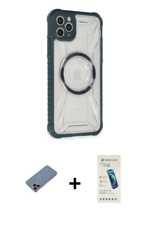 ieg™ iPhone 11 Pro Max Kılıf Kutup Modern - Şeffaf Pasifik Cam Ekran Koruyucu + Pembe Shine Kamera L