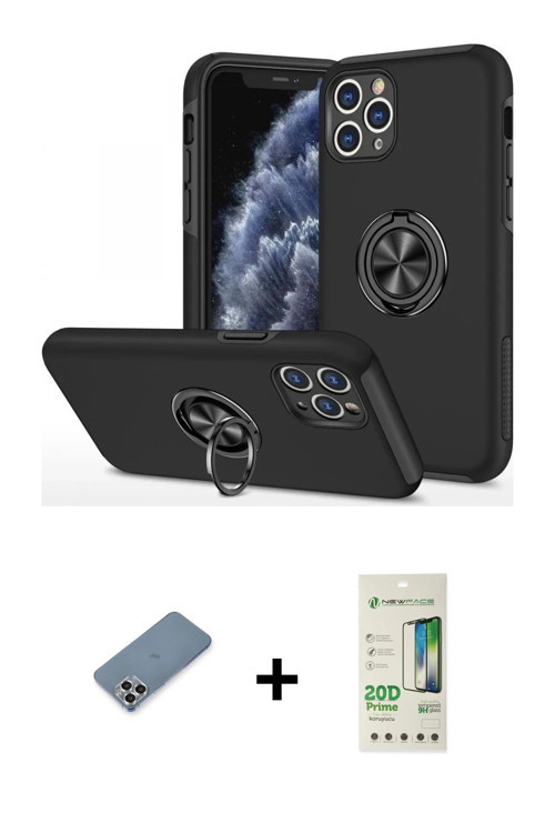 ieg™ iPhone 11 Pro Max Kılıf Odak Form Prime - Siyah 20D Premium Cam Ekran Koruyucu + Gümüş Metal Ka