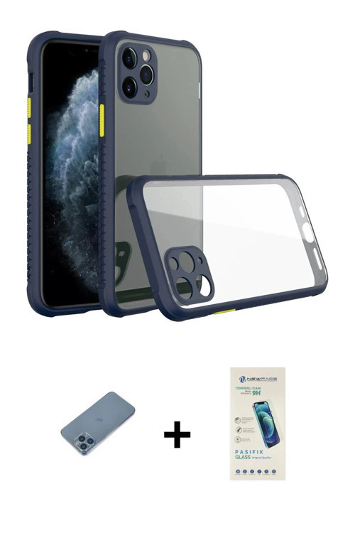 ieg™ iPhone 11 Pro Max Kılıf Nova Asil Özel Seri - Şeffaf Pasifik Cam Ekran Koruyucu + Mavi Shine Ka