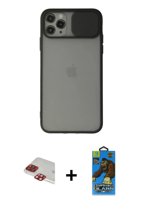 ieg™ iPhone 11 Pro Max Kılıf Vadi Çizgi - Siyah 18D Cam Ekran Koruyucu + Kırmızı Pers Alüminyum Kame