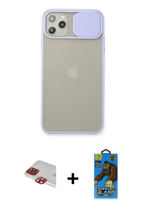 ieg™ iPhone 11 Pro Max Kılıf Vadi Çizgi - Siyah 18D Cam Ekran Koruyucu + Kırmızı Pers Alüminyum Kame