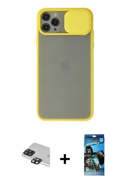 ieg™ iPhone 11 Pro Max Kılıf Vadi Çizgi - Siyah 34D Izgaralı Cam + Siyah Pers Alüminyum Kamera Lens