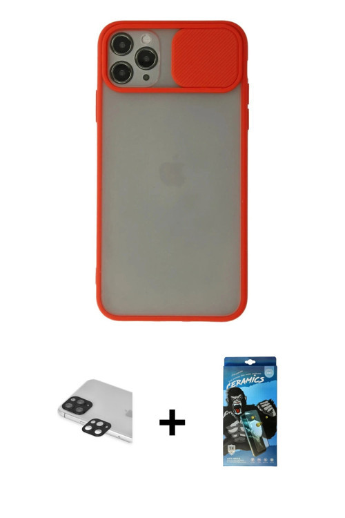 ieg™ iPhone 11 Pro Max Kılıf Vadi Çizgi - Siyah 34D Izgaralı Cam + Siyah Pers Alüminyum Kamera Lens