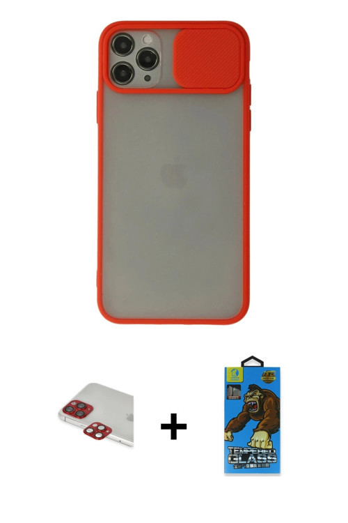 ieg™ iPhone 11 Pro Max Kılıf Vadi Çizgi - Siyah 18D Cam Ekran Koruyucu + Kırmızı Pers Alüminyum Kame