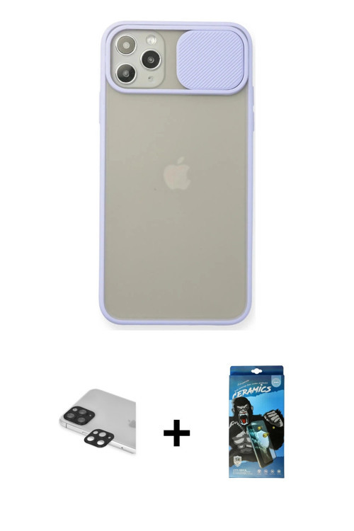 ieg™ iPhone 11 Pro Max Kılıf Vadi Çizgi - Siyah 34D Izgaralı Cam + Siyah Pers Alüminyum Kamera Lens