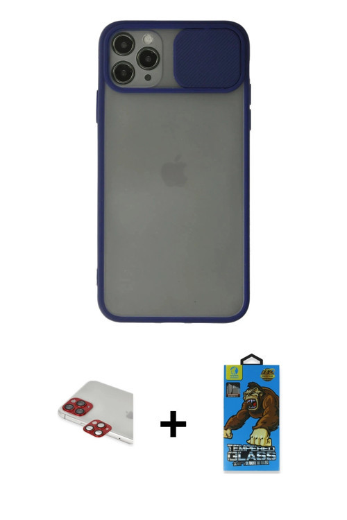 ieg™ iPhone 11 Pro Max Kılıf Vadi Çizgi - Siyah 18D Cam Ekran Koruyucu + Kırmızı Pers Alüminyum Kame