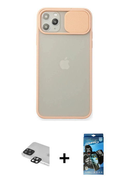 ieg™ iPhone 11 Pro Max Kılıf Vadi Çizgi - Siyah 34D Izgaralı Cam + Siyah Pers Alüminyum Kamera Lens