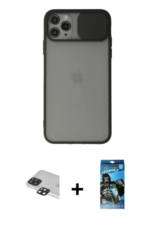 ieg™ iPhone 11 Pro Max Kılıf Vadi Çizgi - Siyah 34D Izgaralı Cam + Siyah Pers Alüminyum Kamera Lens