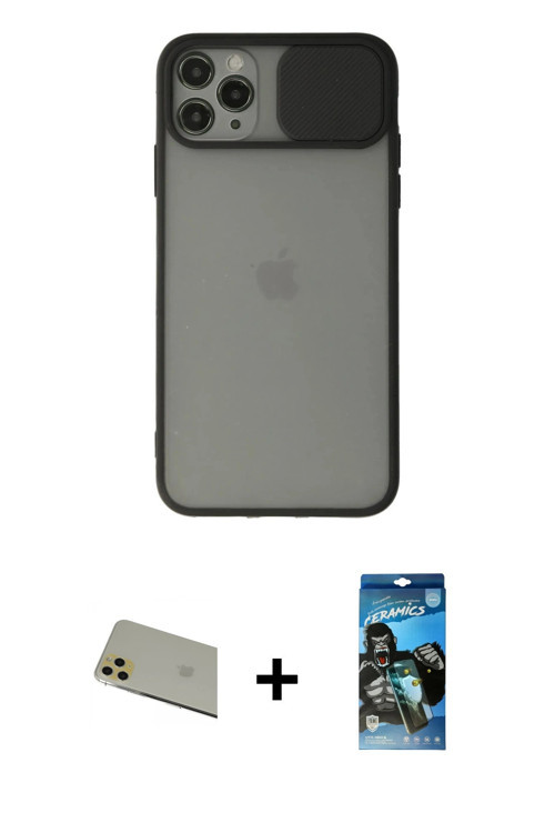 ieg™ iPhone 11 Pro Max Kılıf Vadi Çizgi - Siyah 34D Izgaralı Cam + Gold Rainbow Kamera Lens Koruma C