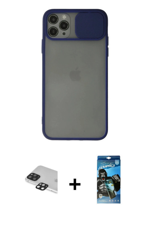 ieg™ iPhone 11 Pro Max Kılıf Vadi Çizgi - Siyah 34D Izgaralı Cam + Siyah Pers Alüminyum Kamera Lens