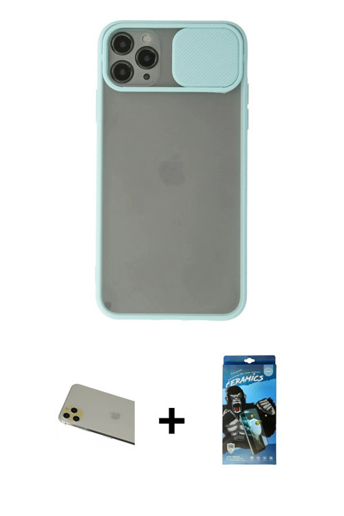 ieg™ iPhone 11 Pro Max Kılıf Vadi Çizgi - Siyah 34D Izgaralı Cam + Gold Rainbow Kamera Lens Koruma C