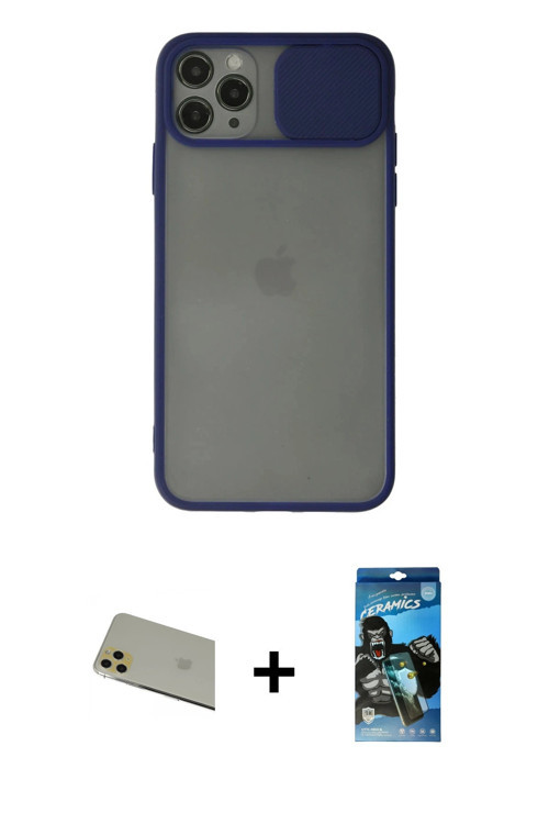 ieg™ iPhone 11 Pro Max Kılıf Vadi Çizgi - Siyah 34D Izgaralı Cam + Gold Rainbow Kamera Lens Koruma C