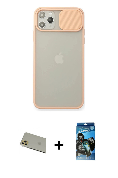 ieg™ iPhone 11 Pro Max Kılıf Vadi Çizgi - Siyah 34D Izgaralı Cam + Gold Rainbow Kamera Lens Koruma C
