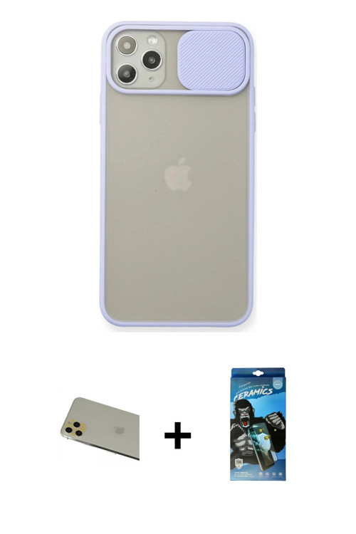 ieg™ iPhone 11 Pro Max Kılıf Vadi Çizgi - Siyah 34D Izgaralı Cam + Gold Rainbow Kamera Lens Koruma C