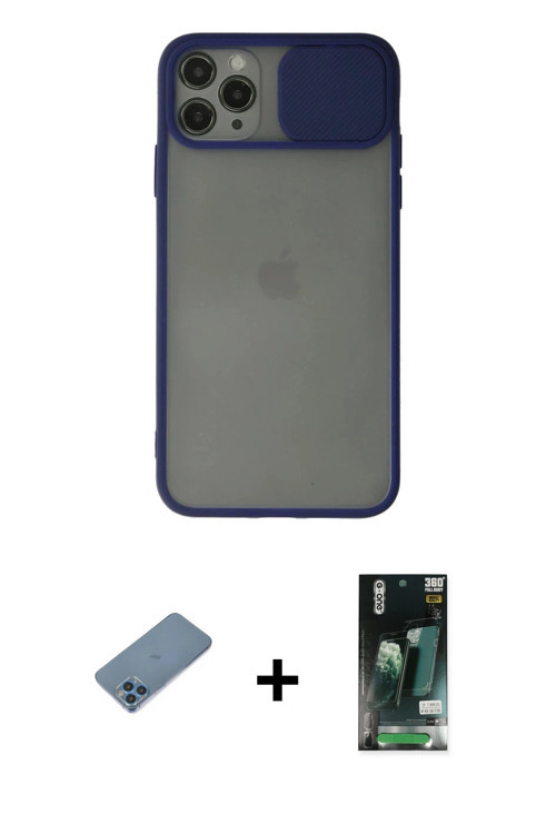 ieg™ iPhone 11 Pro Max Kılıf Vadi Çizgi - Siyah 360 Mat Full Body Arka Koruyucu + Mavi Shine Kamera