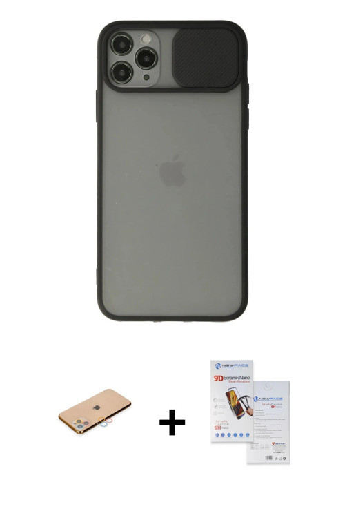 ieg™ iPhone 11 Pro Max Kılıf Vadi Çizgi - Siyah Seramik Nano Ekran Koruyucu + Pembe Renkli Kamera Le