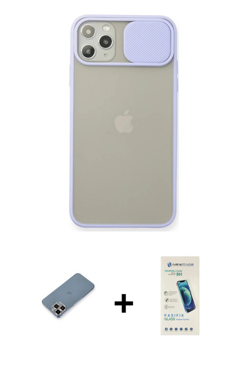 ieg™ iPhone 11 Pro Max Kılıf Vadi Çizgi - Şeffaf Pasifik Cam Ekran Koruyucu + Mor Metal Kamera Lens