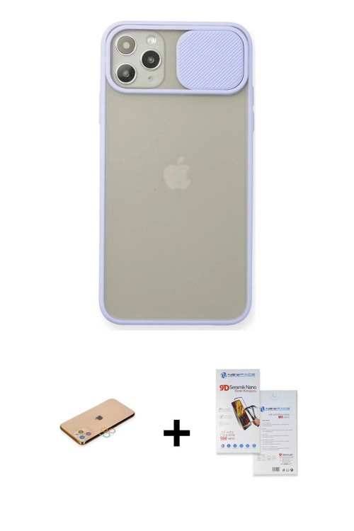ieg™ iPhone 11 Pro Max Kılıf Vadi Çizgi - Siyah Seramik Nano Ekran Koruyucu + Pembe Renkli Kamera Le
